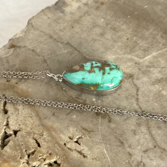 Sterling Silver 925 Southwest Bezel Set Turquoise Cabochon Pendant Necklace 18" - Picture 4 of 16